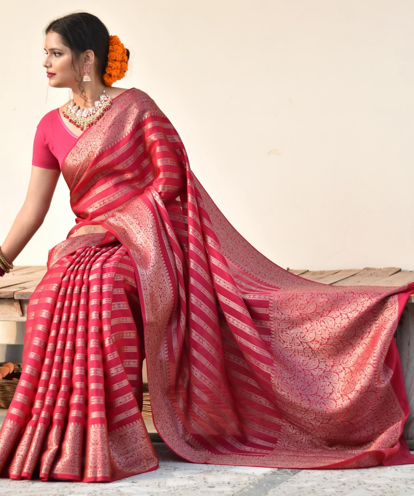 Banarasi Silk Saree in Soft Finish – Gold Zari Highlights & Rich Brocade Work