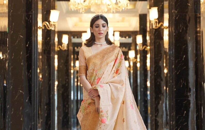 Premium Banarasi Saree – Soft Silk, Stunning Luster, and Golden Jewelry