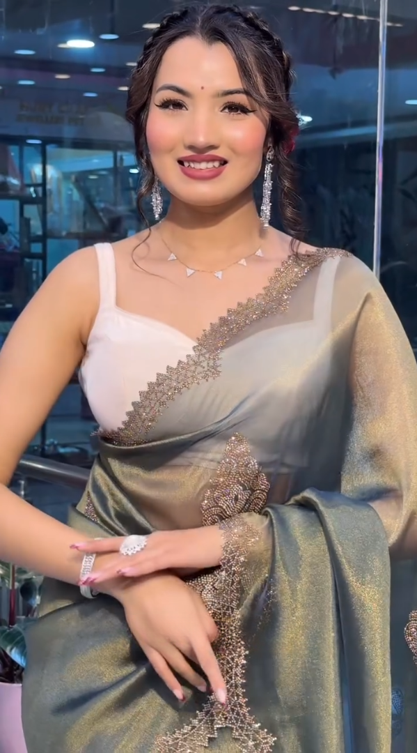 Royal Olive Green Satin Saree with Zarkhan Work