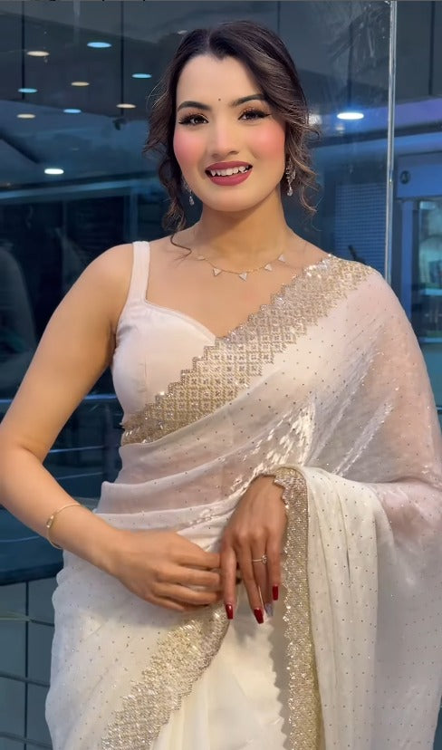 Soft Georgette Designer Party Wear Saree With Swarovski Zarkan Work