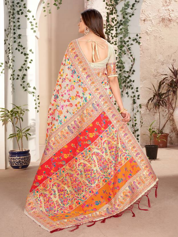 Noor-e-Kashmir White Pashmina Silk Saree